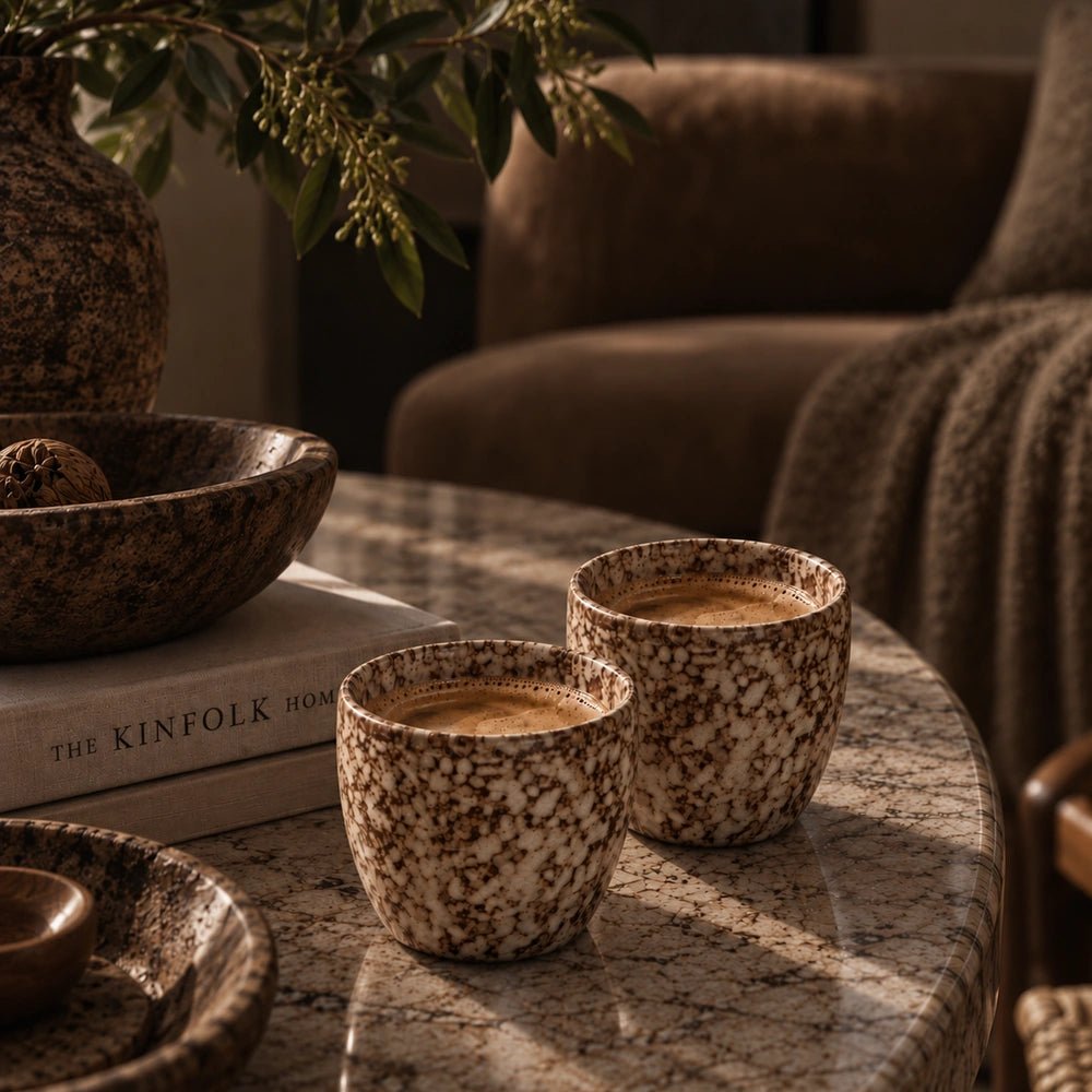 Two Chorley Stoneware Cup, Mocha cups styled together on a pale marble table, showing their mottled brown glaze against warm neutral living room furnishings.