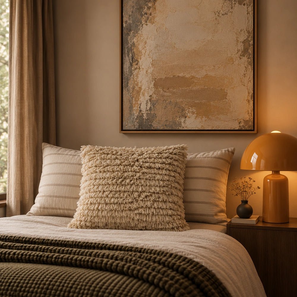 Natural Connie Textured Cushion styled on a neutral bed with striped pillows and layered throws, highlighting its soft shaggy woven texture.