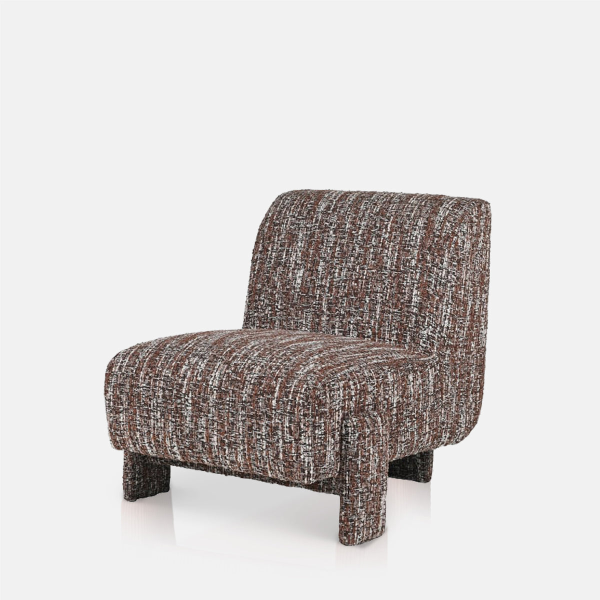 Abigail Ahern Darell Boucle Accent Chair in deep earthy brown boucle, featuring a rounded contemporary silhouette, curved arms and a deep plush seat with softly textured upholstery.