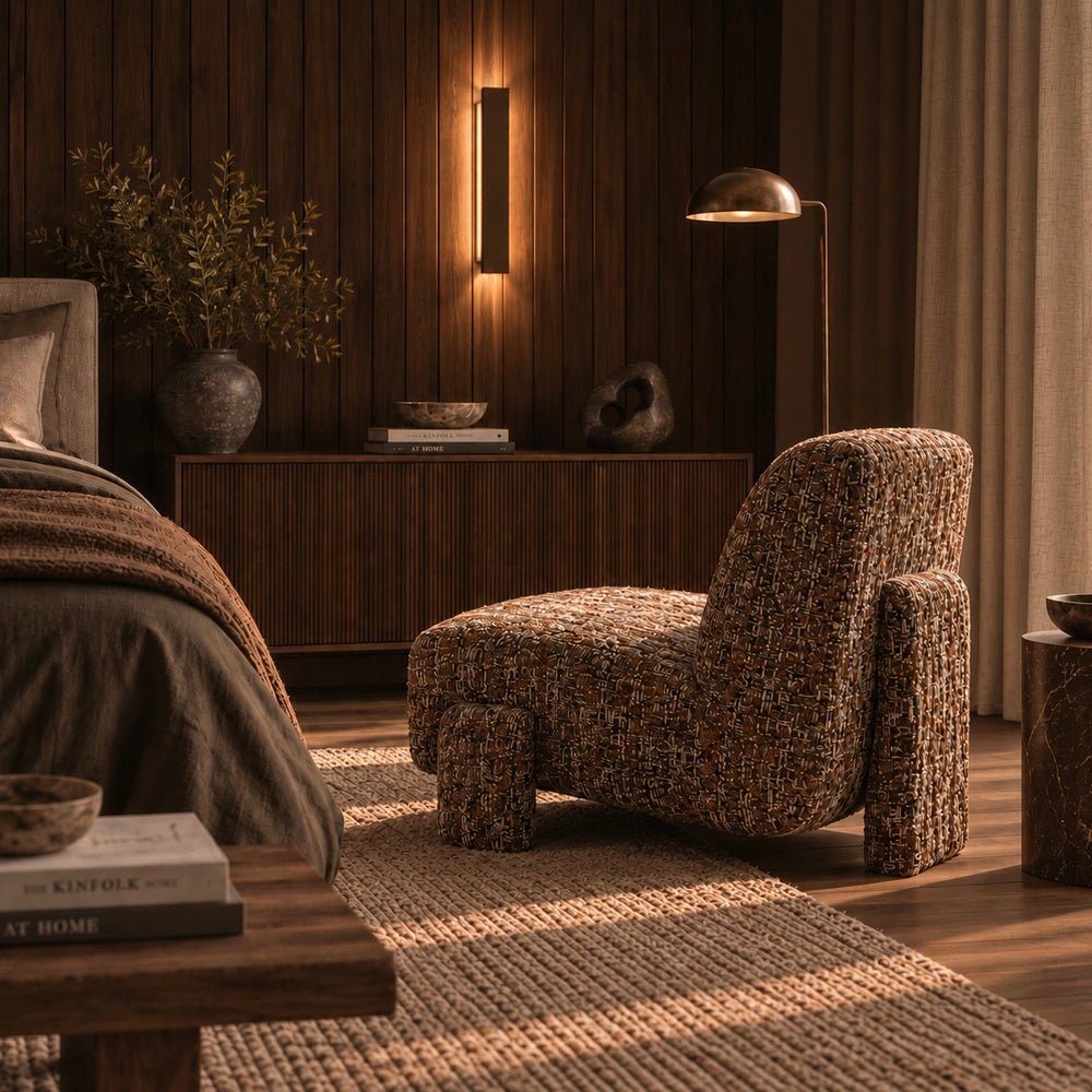 Darell Boucle Accent Chair in a warm bedroom interior, showing its rounded low silhouette and richly textured brown boucle upholstery beside wooden furniture.