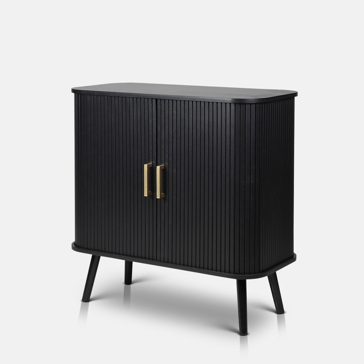 Abigail Ahern Dolton Wooden Cabinet in rich dark wood, a compact rounded edges rectangular storage cabinet with a classic silhouette and single internal shelf.