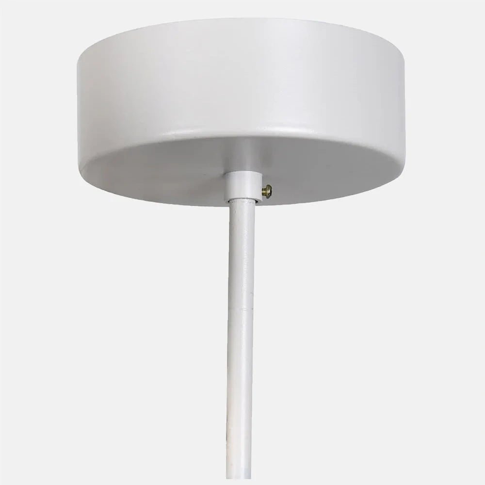 Eloise Beaded Chandelier ceiling fitting detail shows a plain white cylindrical canopy with a central metal connection and slender suspension cable extending beneath.