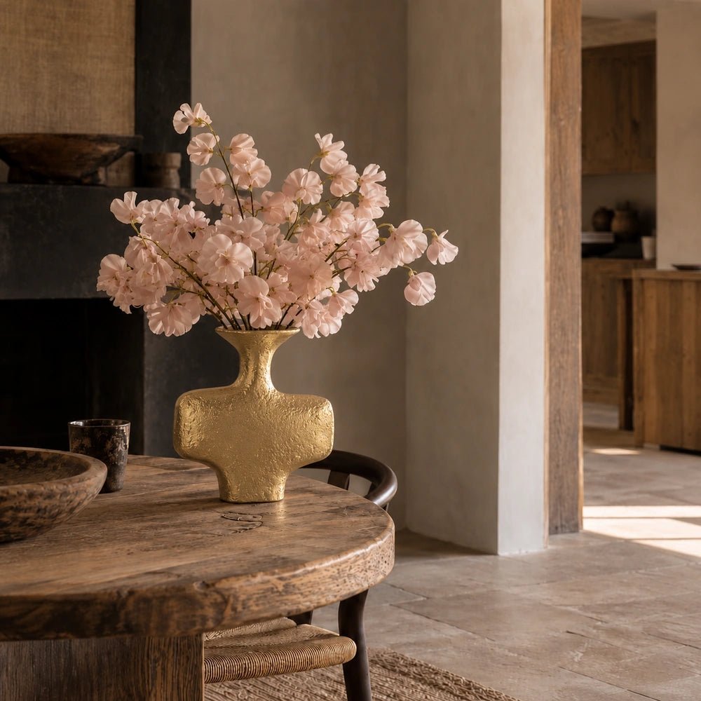 Everley Metal Vase in textured gold finish filled with dark burgundy flowers, styled on a rustic wooden table beside neutral ceramics in a warm interior.