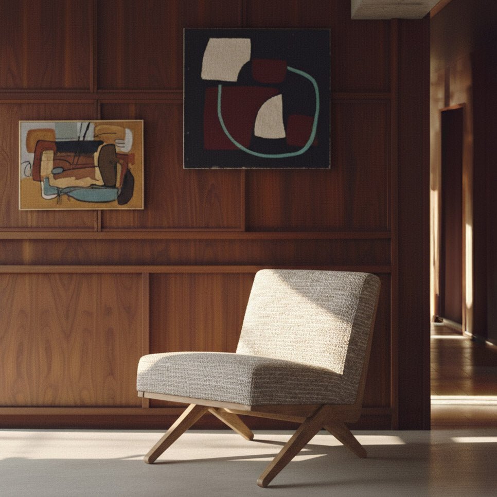 Abigail Ahern Exbury Modern Armchairs in soft grey patterned upholstery, featuring low angled silhouettes, wide cushioned seats and wooden legs, styled in a warm contemporary interior.