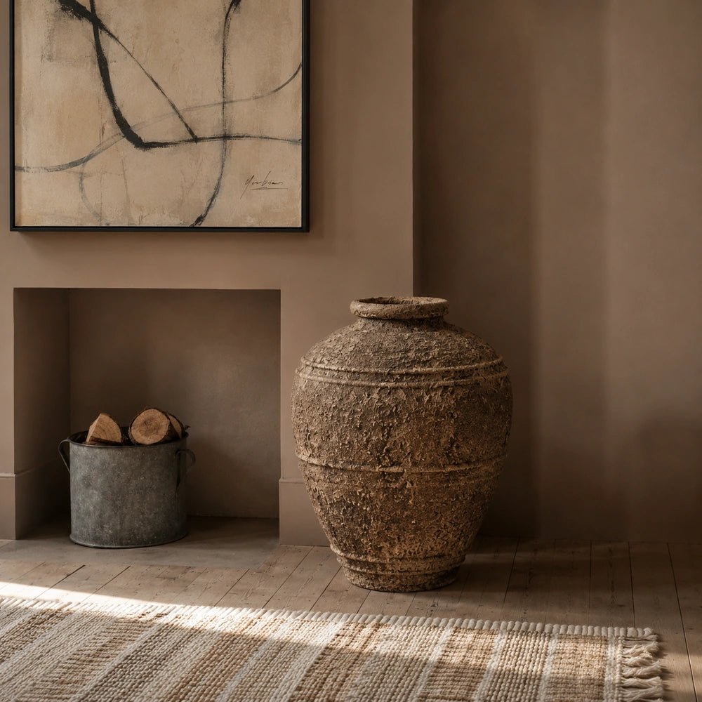 Finn Large Rustic Vase shown in a close styled view, with a textured rounded form holding tall leafy stems beside books and decorative objects.
