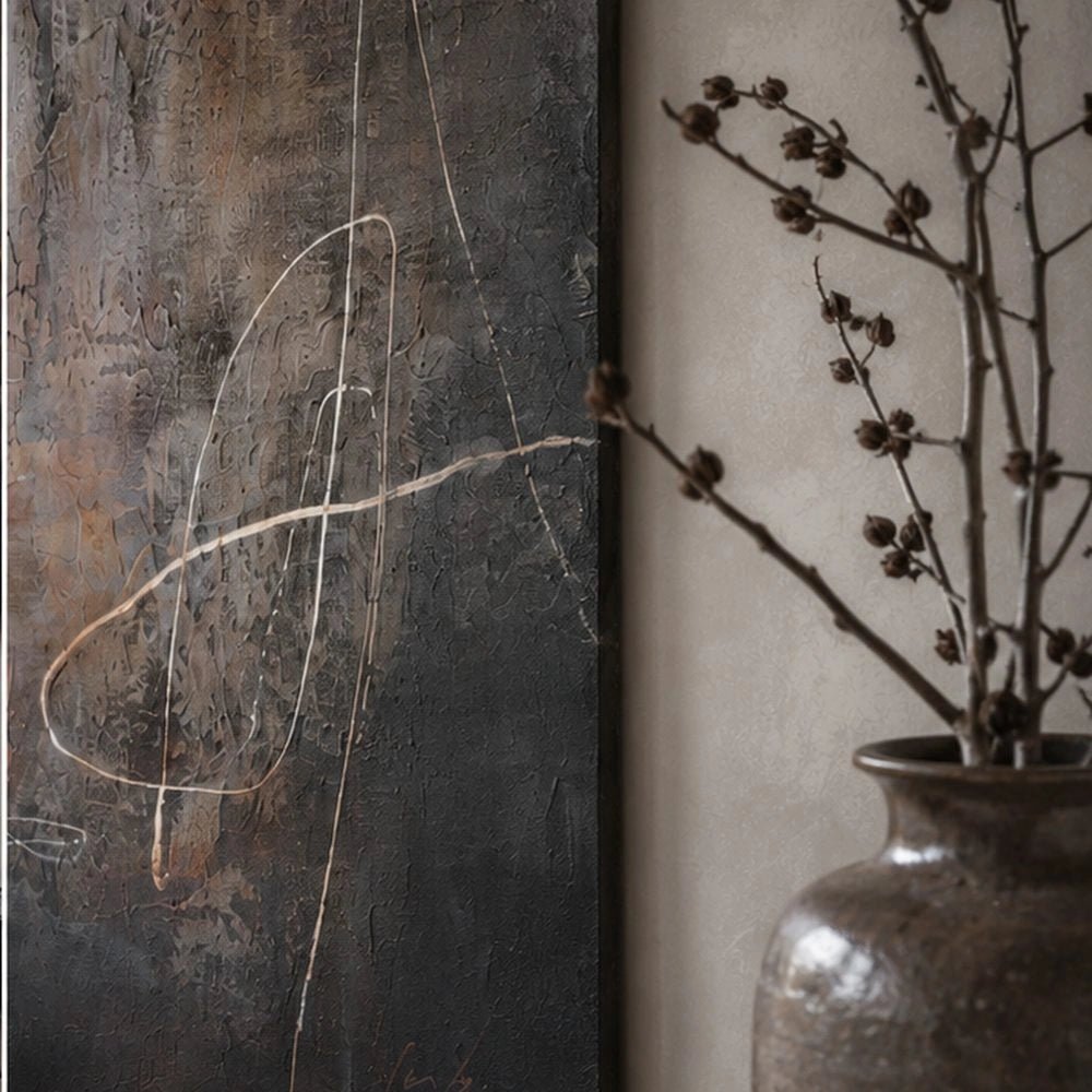 Flicker Canvas Art with bold black and cream abstract shapes displayed above a sofa, surrounded by layered neutral furnishings and warm interior textures.