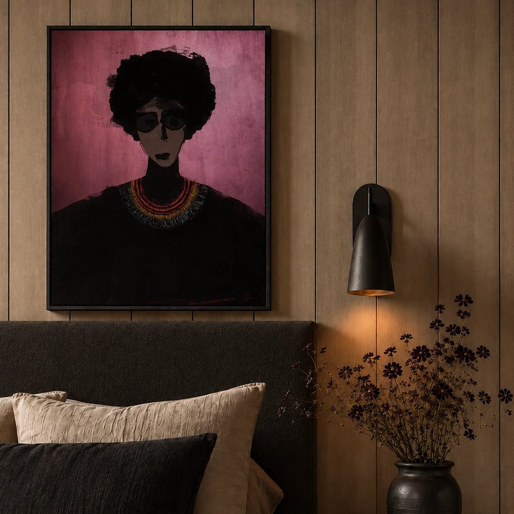 Flora framed botanical print displayed on a wall in a styled interior, surrounded by dark furnishings, decorative objects and layered natural textures.