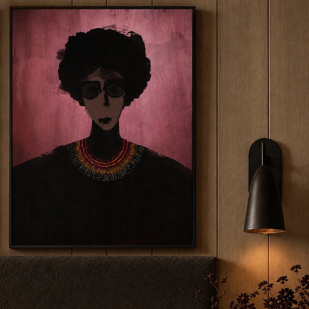 Flora framed botanical print styled on a dark wall above furniture and decorative accessories, creating a layered art display within a moody interior.