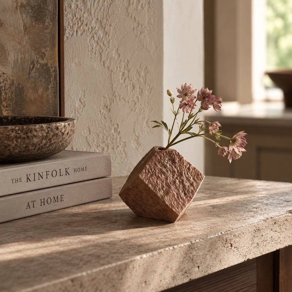 Floyd Geometric Vase, Brick holding pink flowers on a pale stone counter beside stacked books and textured decorative bowls in a warm interior.