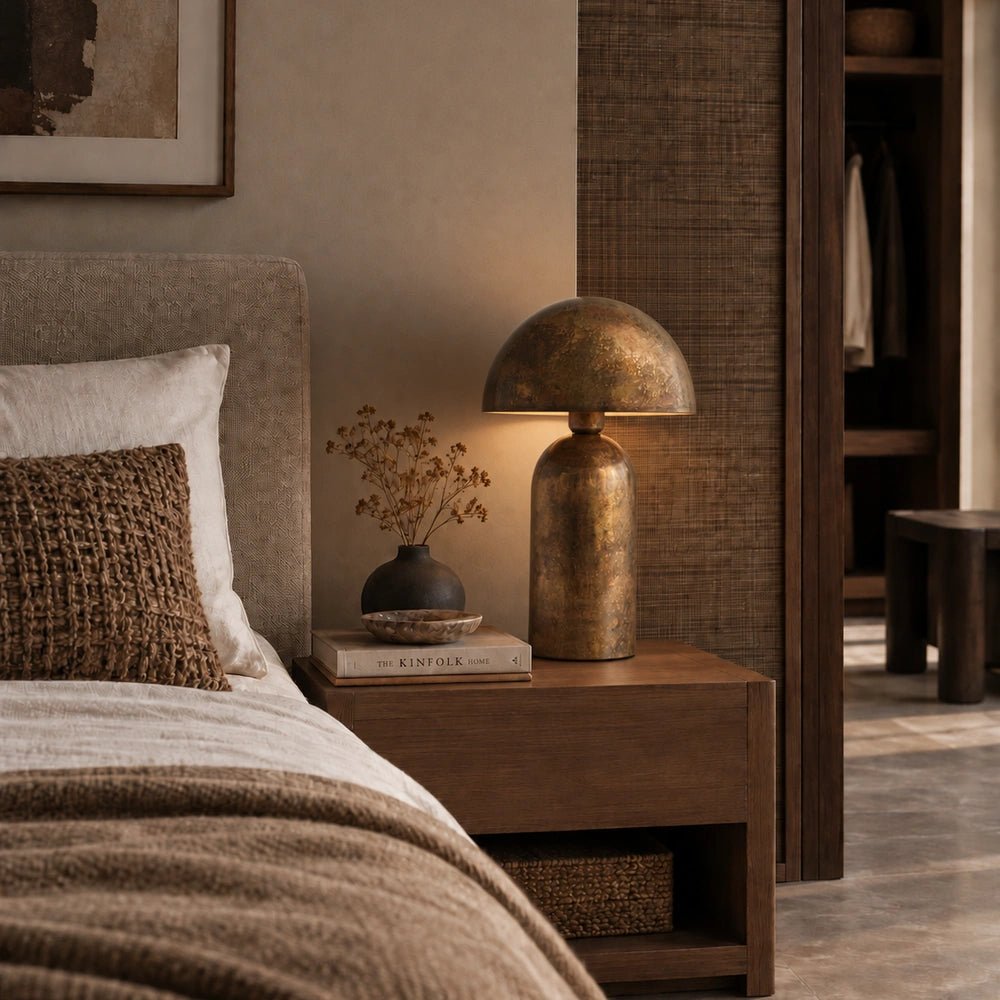 Foxley Metal Table Lamp with dark sculptural base and warm shade, styled on a side table beside books and layered neutral living room furnishings.