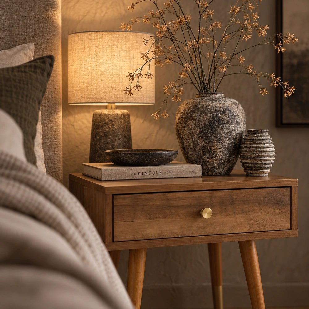 Close view of the Frida Wood Side Table showing its warm timber surface, single drawer and round knob, styled with books, lamp and decorative vase.
