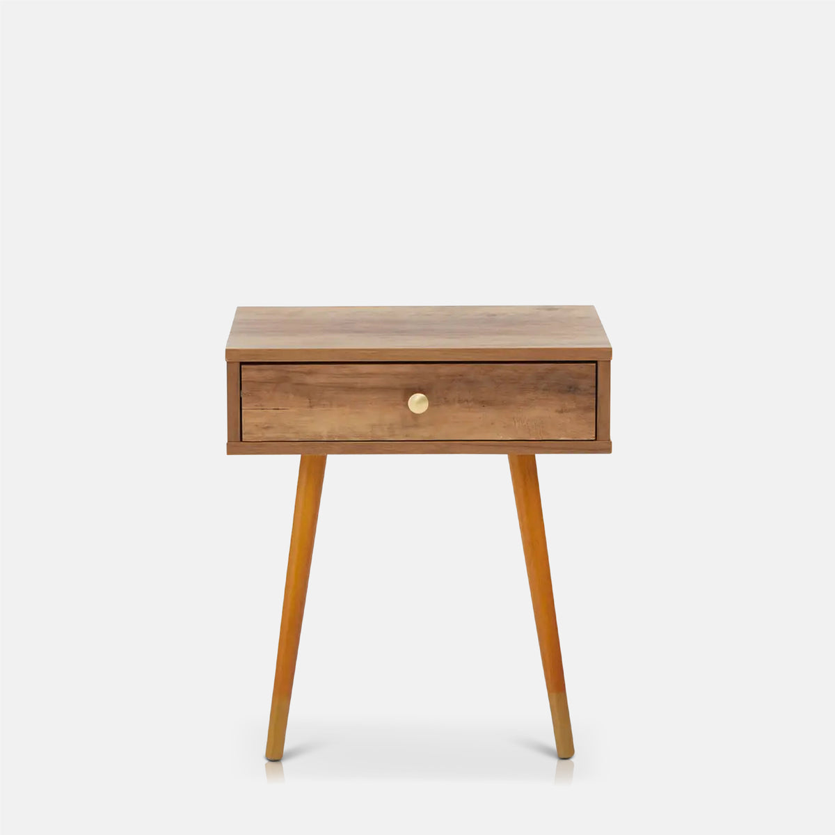 Cutout of the Frida Wood Side Table, a small rectangular wooden table with four tapered wooden legs.