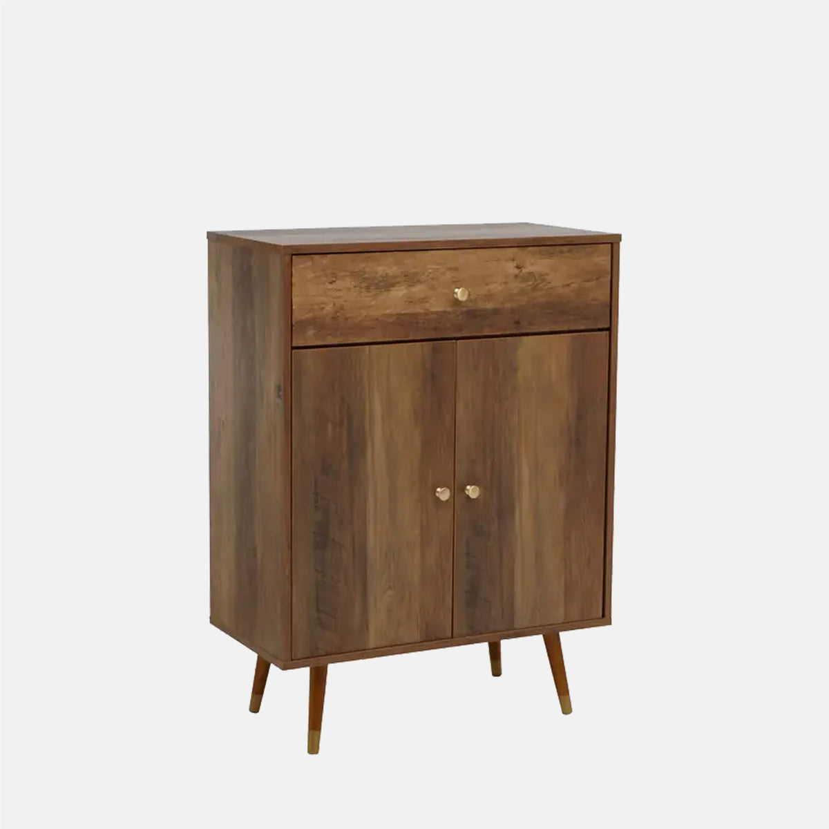 The Frida Wood Storage Cabinet, a rectangular wooden cabinet with a drawer and shelved cupboard and four short legs.