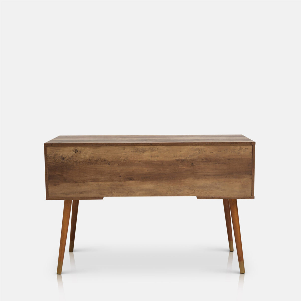 Back view of the Abigail Ahern Frida Wooden Desk in a warm oak-toned wood finish, featuring angular legs, in a clean, modern design.