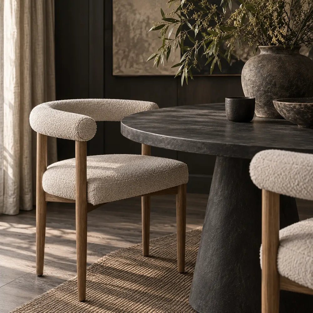 Harrington Boucle Dining Chair has a rounded upholstered back and padded seat supported by wooden legs, positioned beside a dark table in a neutral interior.