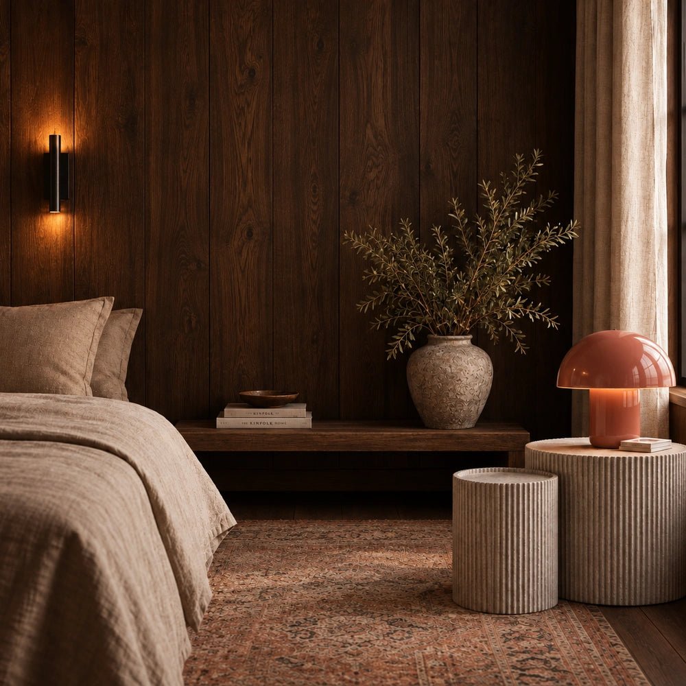 Hereford Stone Side Table styled beside a bed, showing its ribbed cylindrical form and pale stone finish with a red table lamp in a dark bedroom.