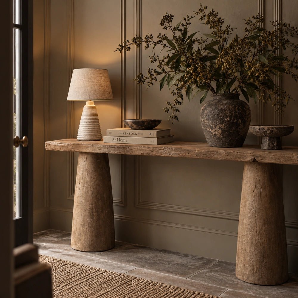 Natural wood Hermon console table with chunky cylindrical legs, styled with a neutral lamp, books and large vase against dark panelled walls.