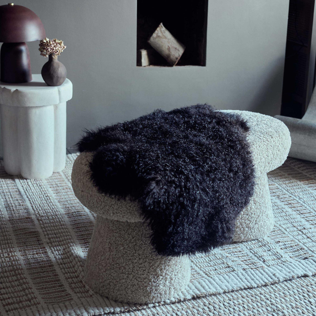 Jace sheepskin black natural rug throw genuine fur home decor styled bench