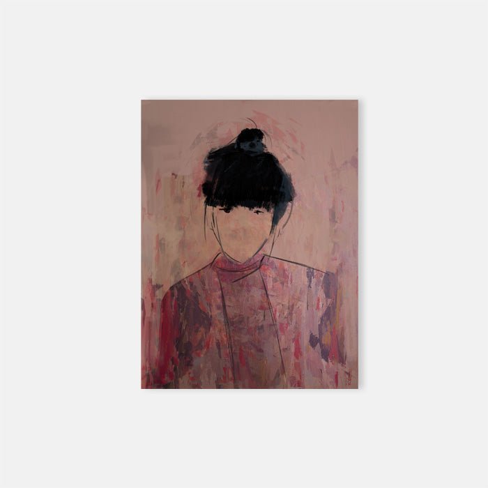 Layla, and abstract dark-haired female portrait in soft smudgy brushstrokes against a soft dusky pink background.