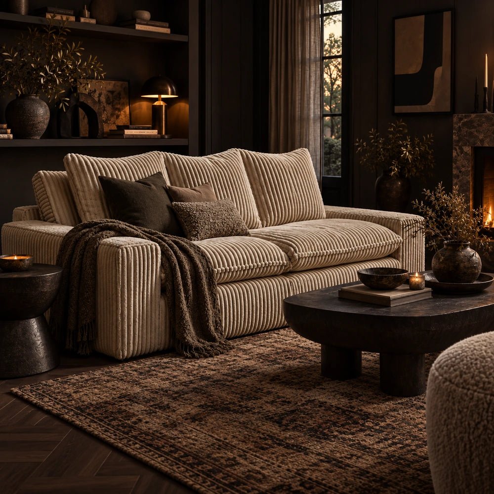 Madison Sofa, Natural in a warm moody living room, showing its oversized ribbed upholstery, deep cushions and neutral tone beside dark wood furniture and fireplace.