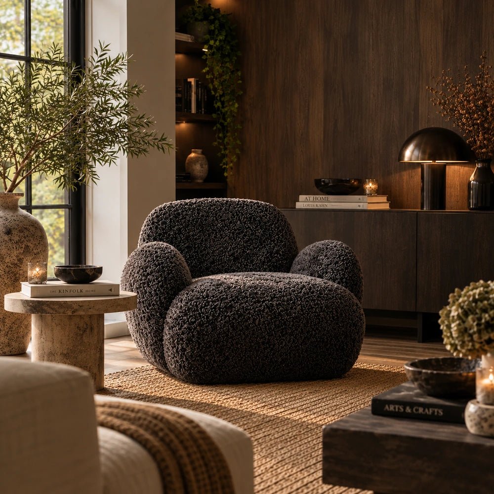 Natasha Faux Shearling Curved Armchair, Charcoal in a warm living room, with rounded silhouette, deeply textured upholstery, dark cabinetry and neutral furnishings.