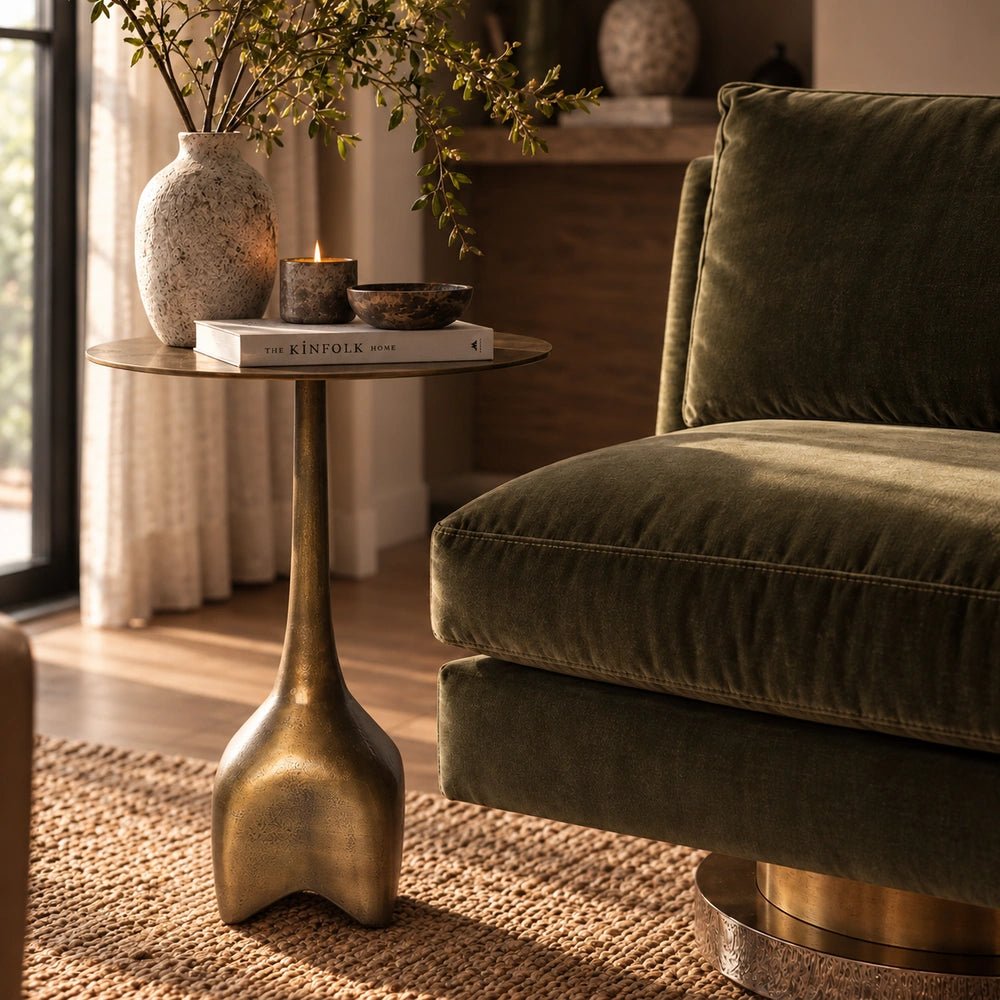 Oren Side Table in warm gold metal, styled beside an upholstered chair with layered neutral accessories and contemporary decorative details.