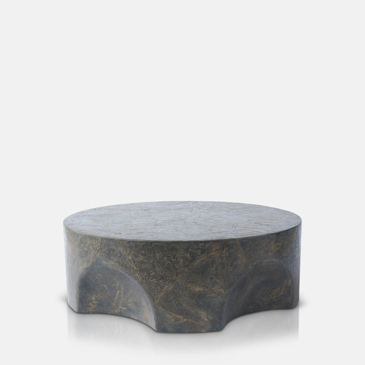 Cut out image concrete coffee table with a sculptural pinched base and rustic brown and slate grey finish. Pinch Round Coffee Table by Abigail Ahern, crafted from glass-reinforced concrete with a textured hand-painted effect, creating a luxury statement piece for modern living rooms, contemporary interiors and stylish outdoor spaces. A unique designer coffee table that adds natural texture, character and effortless sophistication to your home decor.
