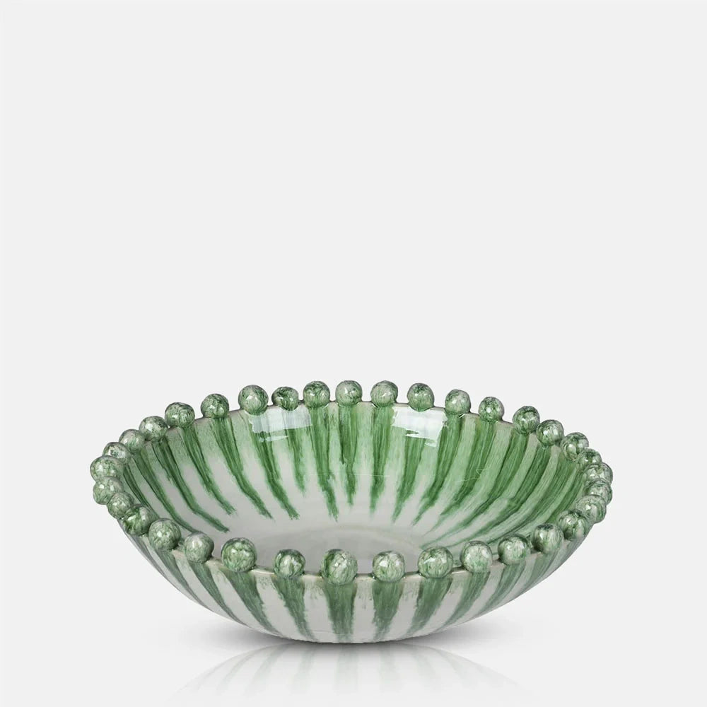 Radcliff bobble decorative bowl viewed at an angle, showing its cream interior, green striped sides and glossy rounded beads running around the wide rim.