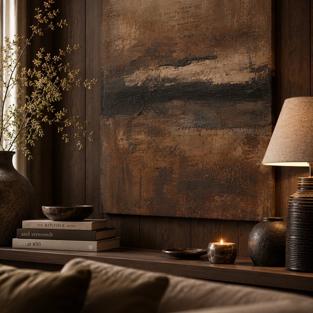 Reverie Canvas Art displayed above a dark console, featuring textured brown and charcoal abstract layers with books, vases, candle and table lamp.