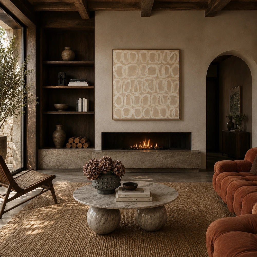 Ripple Canvas Art displayed above a neutral sofa, featuring soft circular abstract forms with layered cushions, sculptural objects and warm contemporary living room styling.