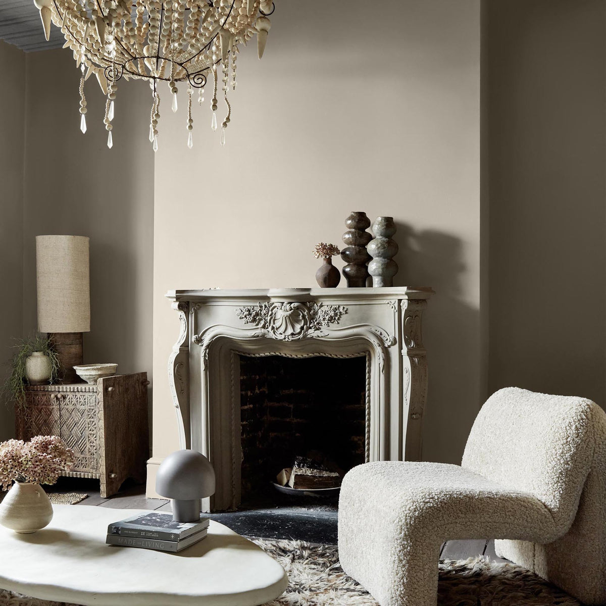 Abigail Ahern Ruffled Muslin paint – a sumptuous soft greige enveloping a beautifully styled living space with an effortlessly serene quality