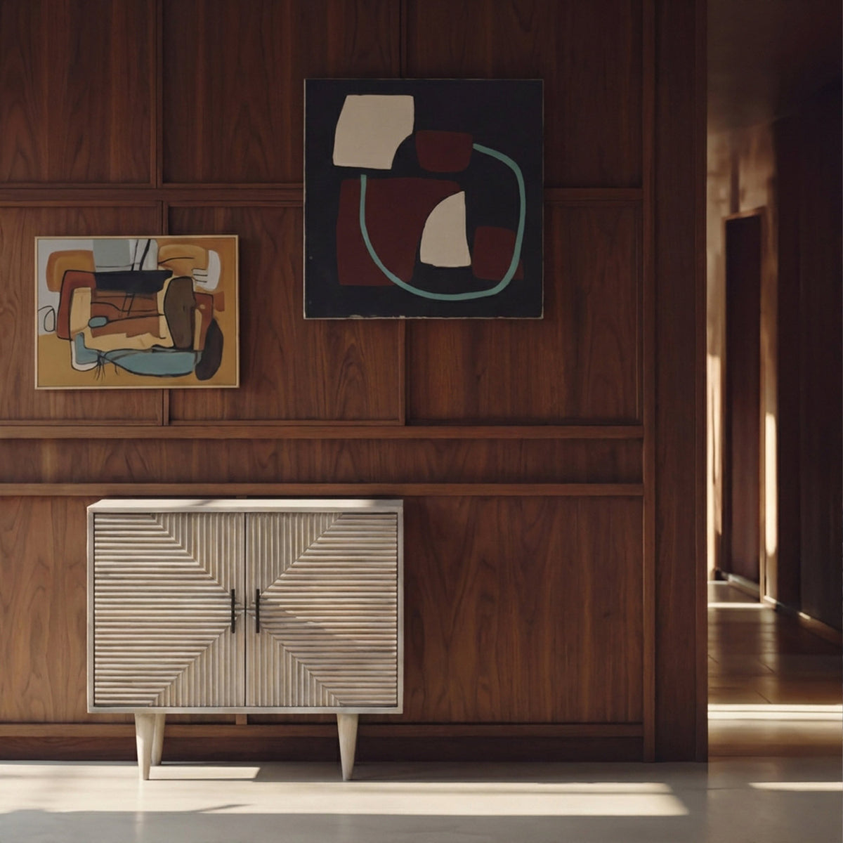 Abigail Ahern Rushmoor Wooden Sideboard in natural mango wood with carved geometric detailing across two doors, offering stylish storage for contemporary living rooms, dining rooms and hallways.