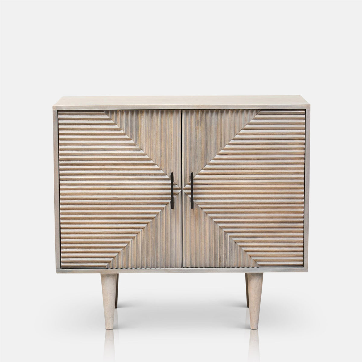 Abigail Ahern Rushmoor Sideboard featuring a pale natural mango wood finish, two textured doors and distinctive carved geometric pattern for a statement storage piece.
