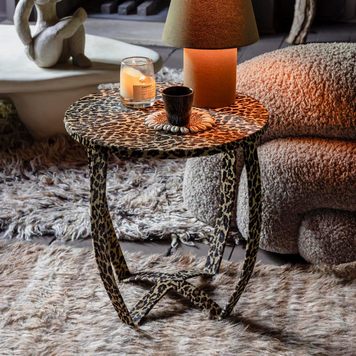 Savannah Leopard Print Side Table, Light
