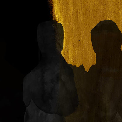 Two shadowy figures on a bright yellow background