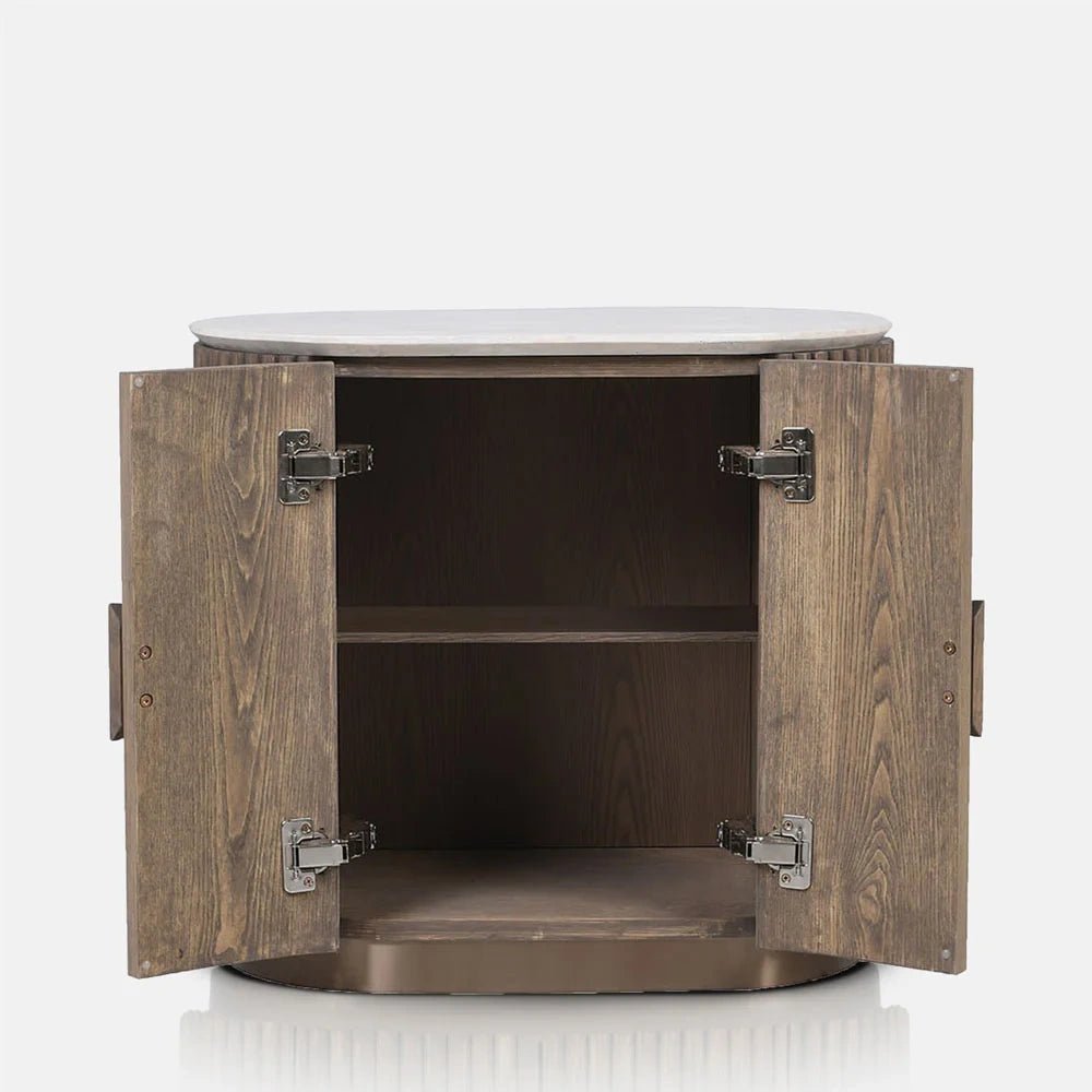 Sheridan wooden cabinet shown with both curved doors open, revealing a dark interior shelf, visible metal hinges and pale rounded top above the recessed base.