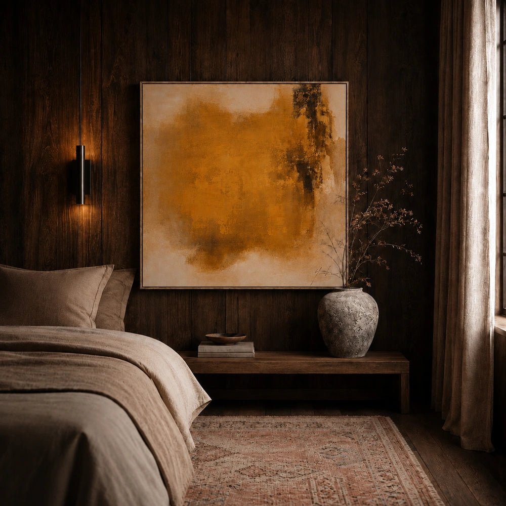 Solstice Canvas Art displayed above a dark sofa in a neutral living room, showing an abstract yellow composition with layered cream and black forms.