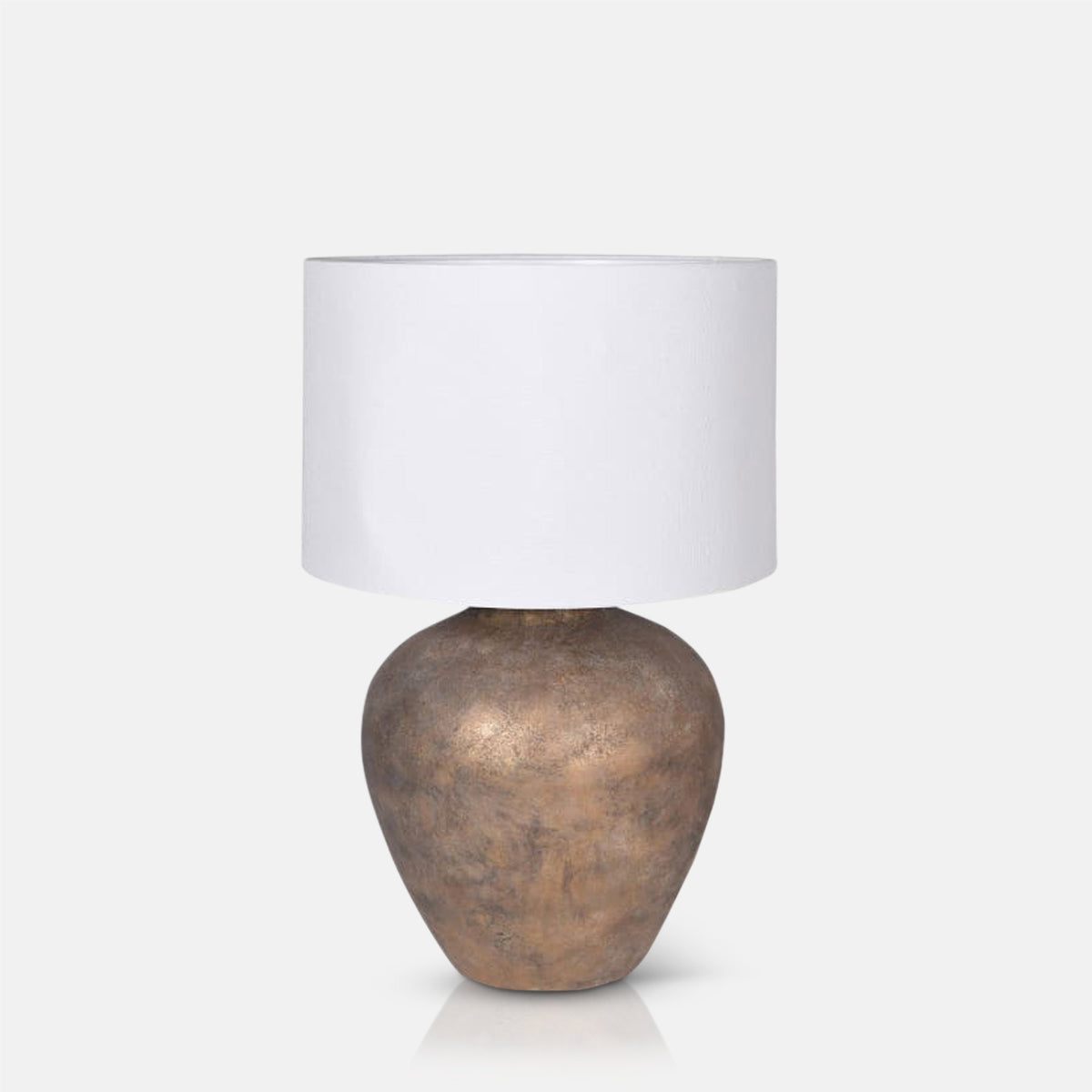 Cutout of the Somerdale Ceramic Table Lamp, a classic shaped ceramic lamp in a burnished copper effect with white drum shade.