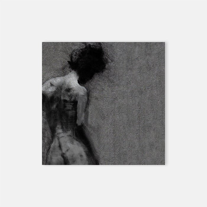 Stella, an intriguing chalky soft smudged monochrme portrait of a nude female figure against a grey background.