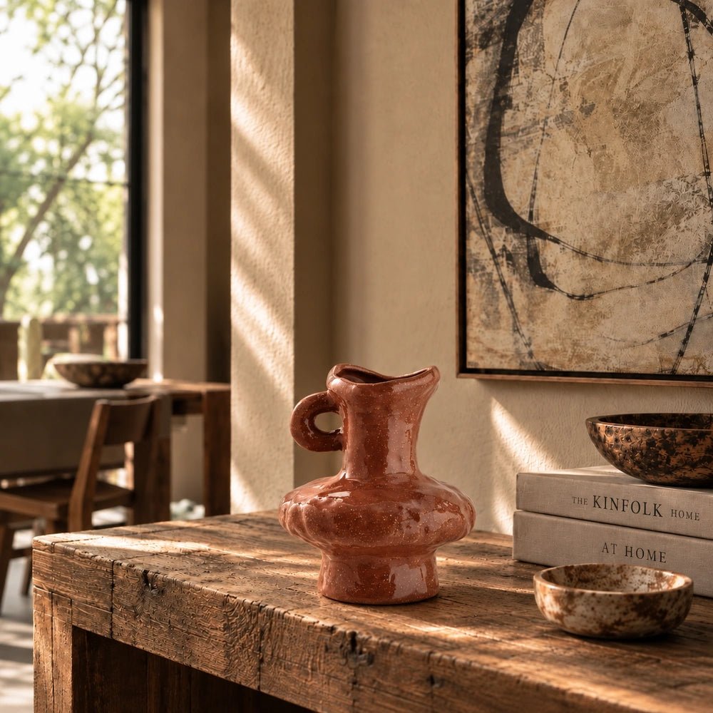 Sylvie Stoneware Vase with sculptural curved form and glossy earthy surface, displayed on a rustic wooden console beside stacked books and decorative bowls.