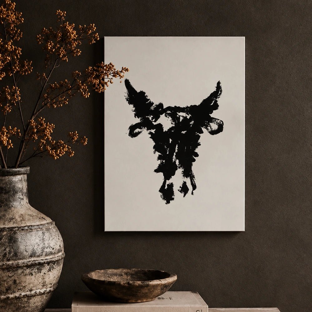Taurus monochrome bull print framed above a dark sideboard, styled with sculptural ceramics, books and a lamp in a warm contemporary living room.