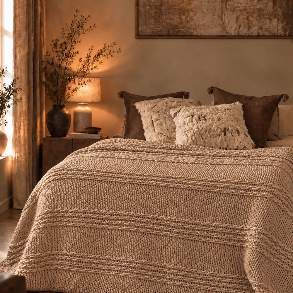 Thornton Knitted Throw in cream draped over a neutral armchair, with chunky woven texture and raised stripe detailing in a warm contemporary interior.