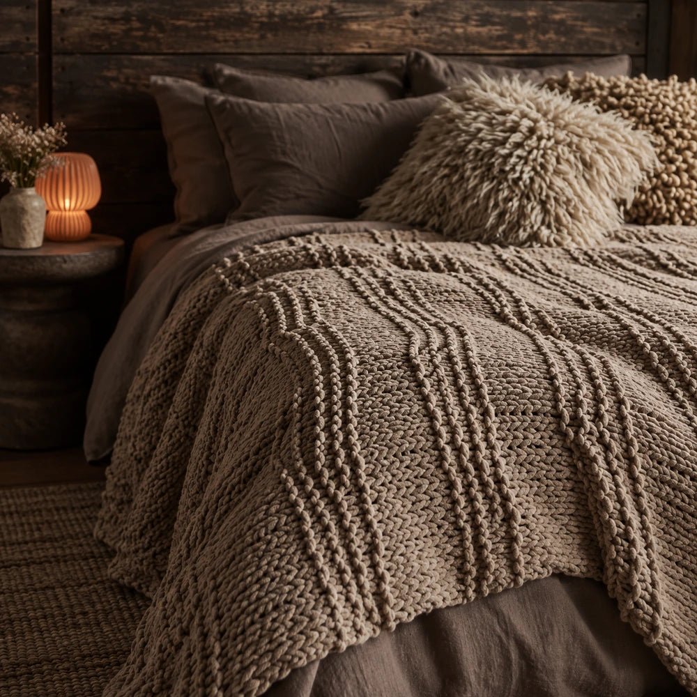 Thornton Knitted Throw in taupe with chunky textured stitching draped across a bed, styled with dark neutral bedding and a fluffy cushion.