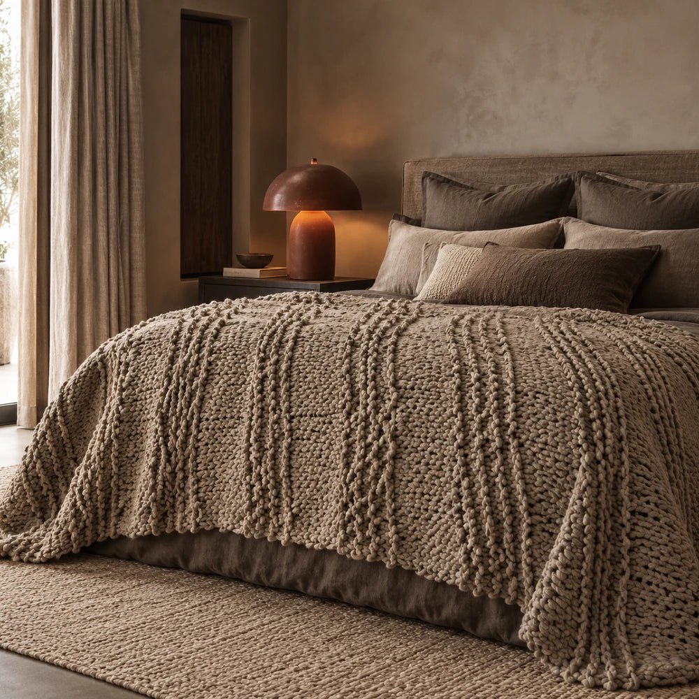 Thornton Knitted Throw in taupe spread across a neutral bed, showing its chunky textured stitch pattern in a softly lit bedroom.