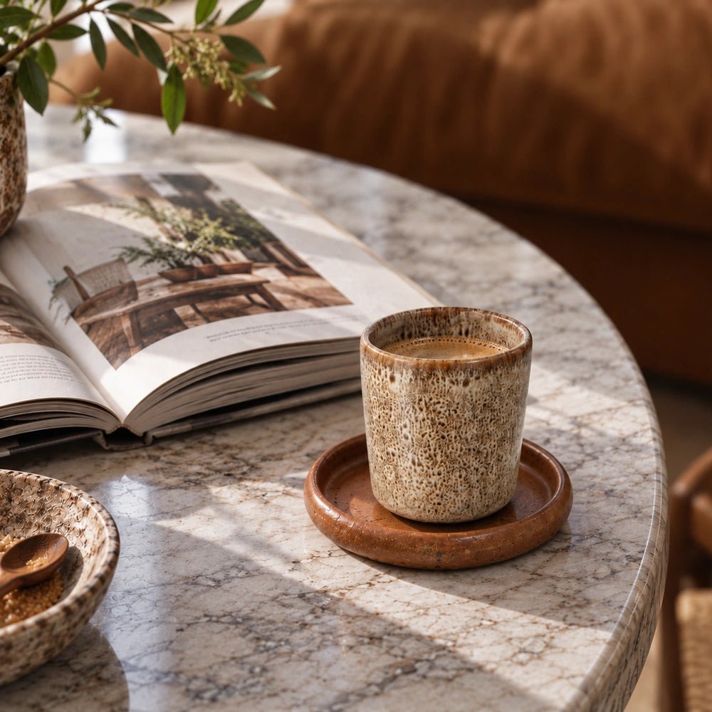 Tisbury Porcelain Cup, Set of 4 with softly patterned porcelain surfaces, stacked on a dining table beside neutral ceramics, glassware and warm interior styling.