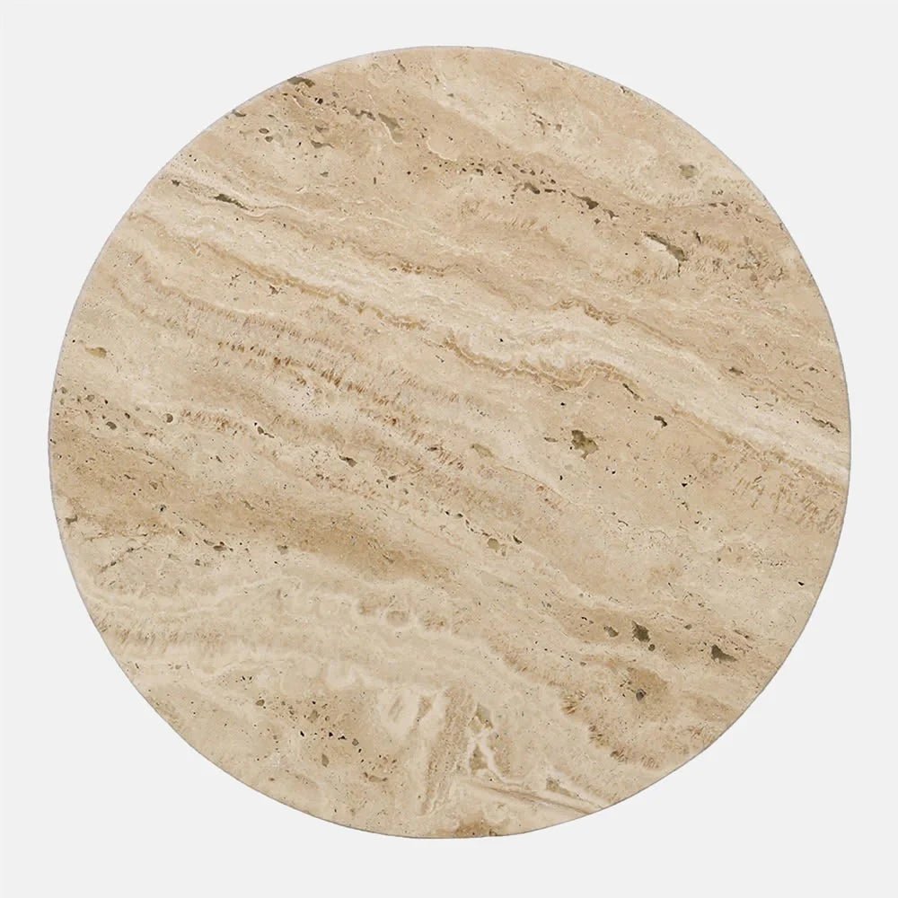 Winthrop travertine side table top viewed directly from above, showing its circular shape, pale beige stone, natural pores and flowing cream and brown veining.