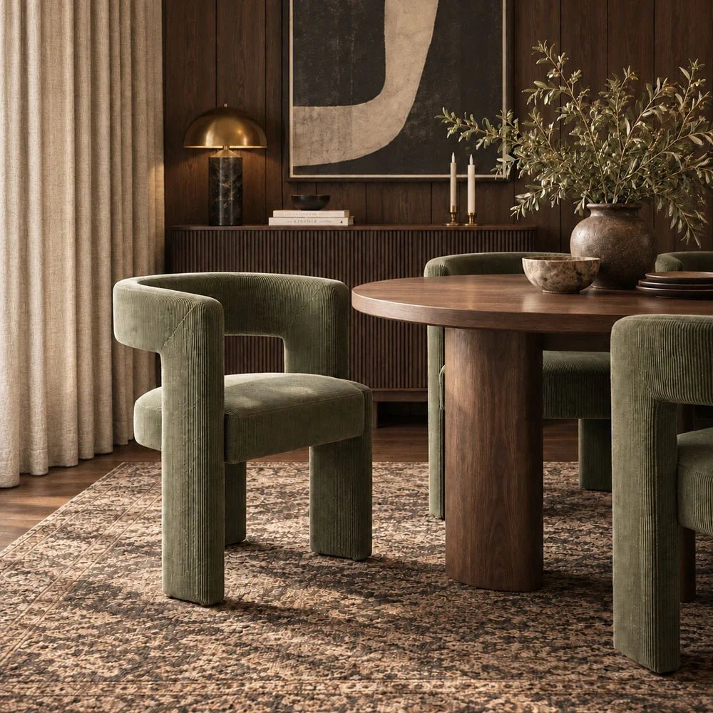 Yuki dining chair in olive green upholstery with a rounded wraparound back and thick legs stands beside a dark wooden table, with curtains and foliage nearby.
