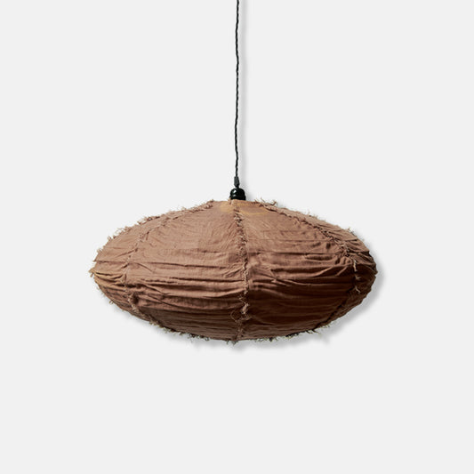 A cutout of an oval shaped linen lampshade in a dark umber colour. Abigail Ahern, a trusted interiors brand. 