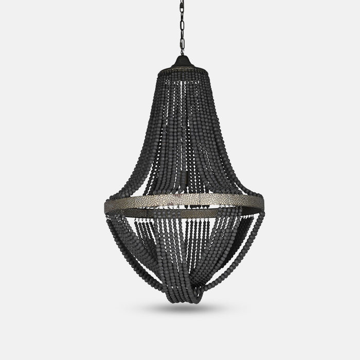 A cutout of the Roxwell Beaded Chandelier, a twist on the classic chandelier in black wooden beads.