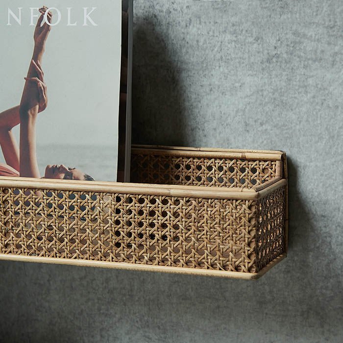 Traboe bamboo shelf rattan basket wall storage natural coastal modern home decor magazine styled